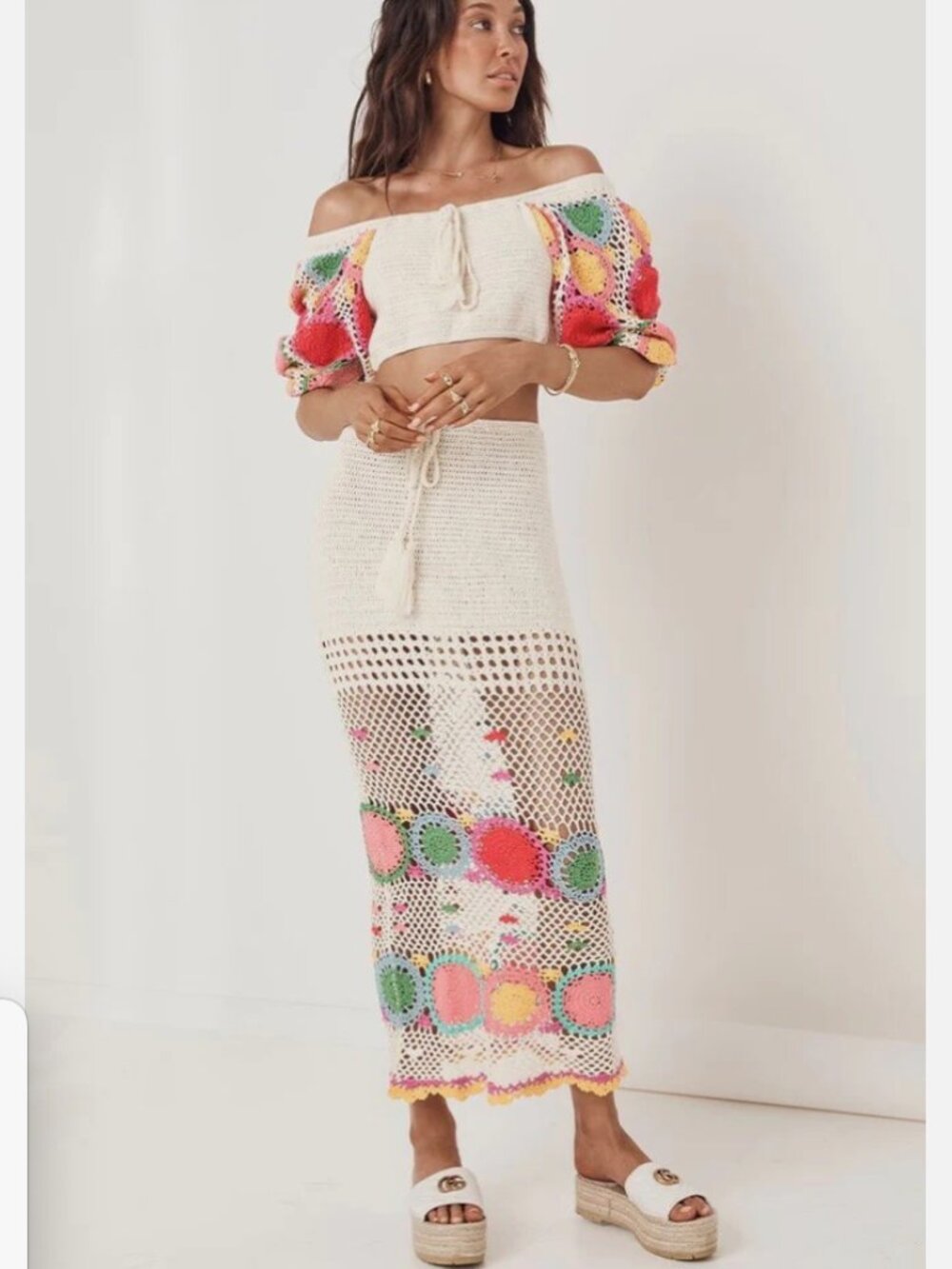 Spell & the Gypsy Collective Crochet Knit Crop Top and Maxi Skirt Set, Small